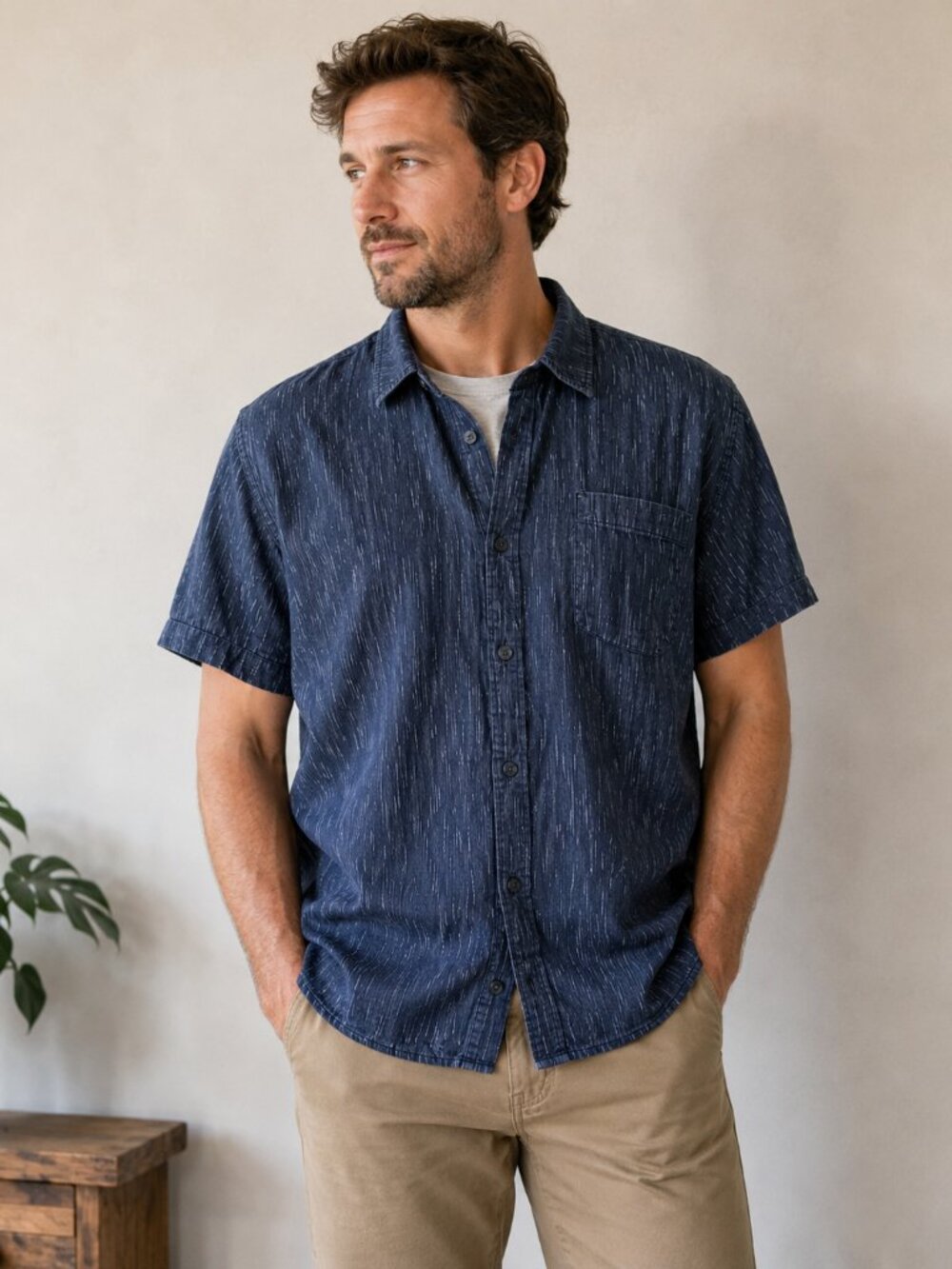 Bridge & Burn Men's XL Indigo Blue Textured Short Sleeve Button Down Shirt